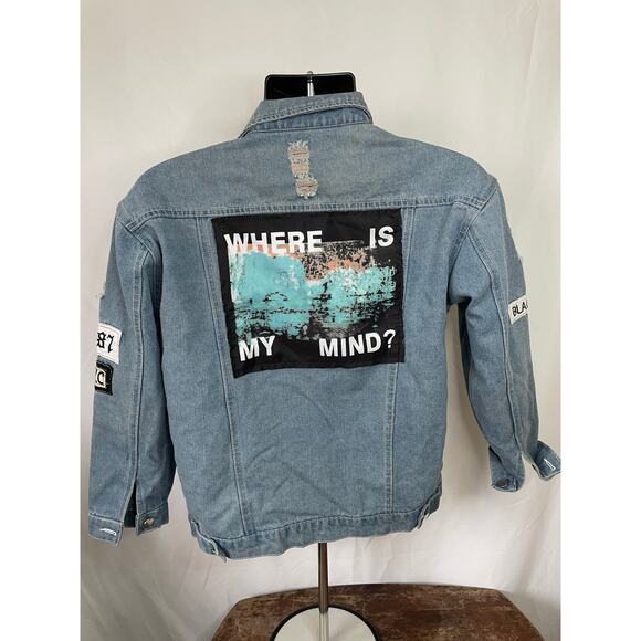 Distressed Denim Jacket 1987 NYC Patches Where Is My Mind - Picture 2 of 10